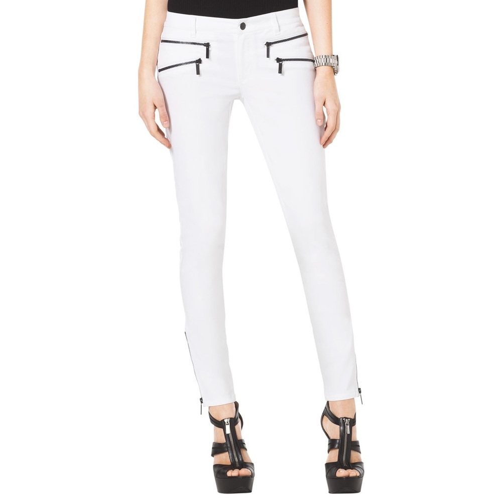 Micheal Kors White Moto Black Zip Skinny Jeans